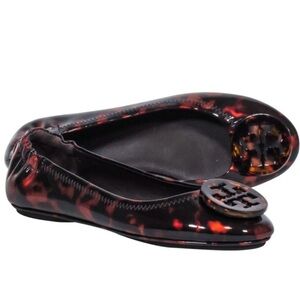 Tory Burch Minnie Travel Ballet Flats with Logo Printed Patent Tortoise Shell